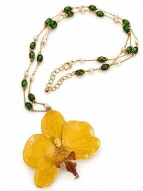 Real Orchid Yellow Flower Pendant Necklace with Green Bead Accents